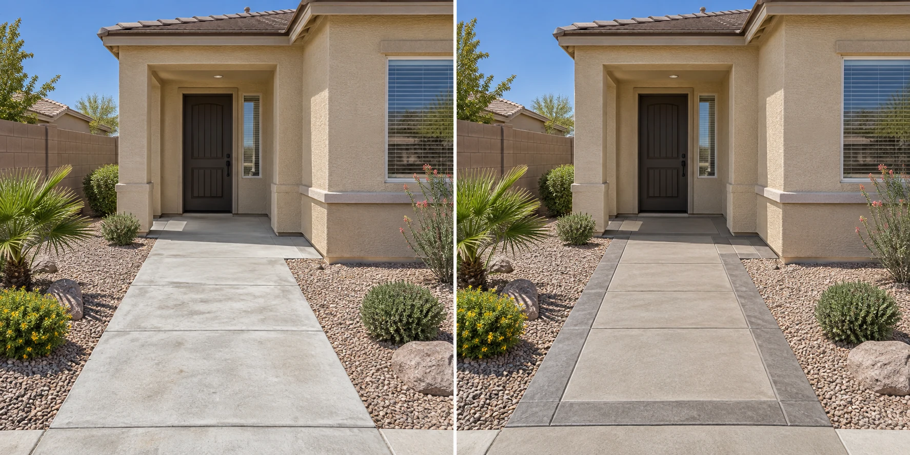 Illustrative comparison: a weathered entry walk on the left and the same entry with a decorative concrete pattern on the right