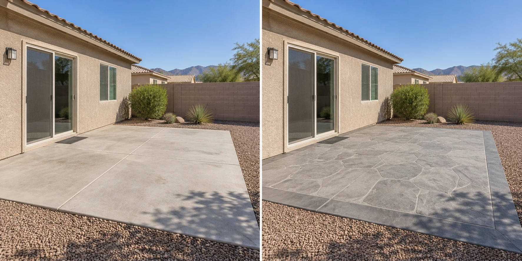 Illustrative comparison: a plain concrete patio on the left and the same space with a gray stamped finish on the right