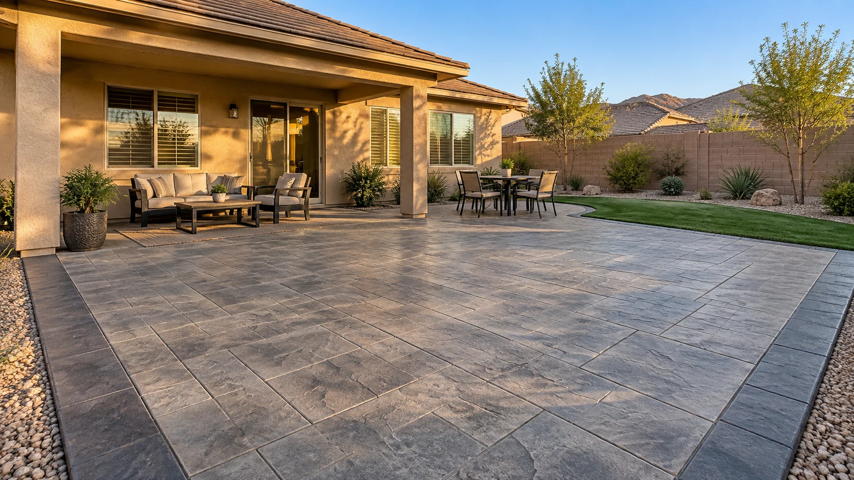Example of a finished stamped-concrete patio beside a desert home